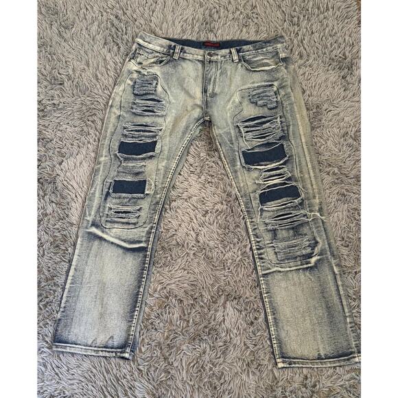 Mecca Jeans Mens 40x32 Blue Distressed Ripped Straight Leg Denim Urban Hip Hop - Picture 1 of 14